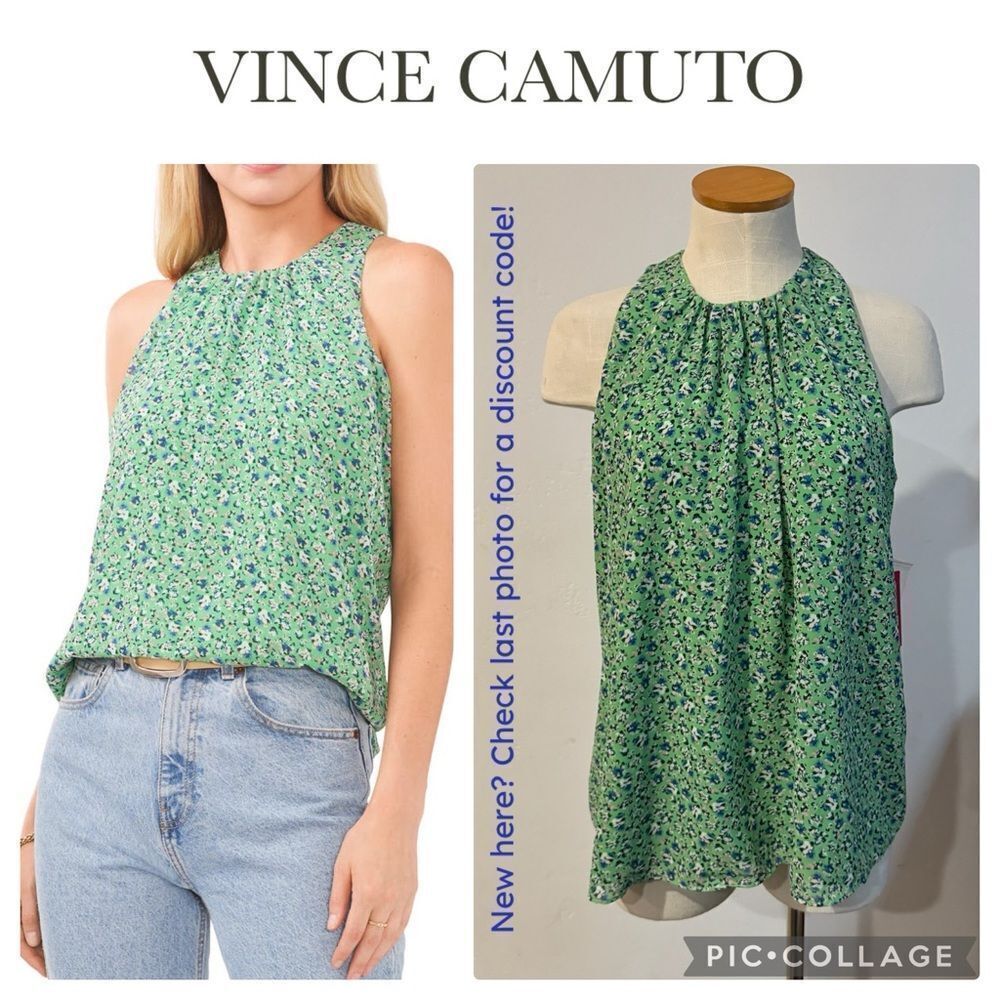 Vince Camuto | Women's Shirred Neck Sleeveless Blouse -Green Floral Print, Large